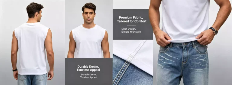 Infographic of a men's white sleeveless muscle tee, featuring premium fabric, tailored fit, and durable denim pairing