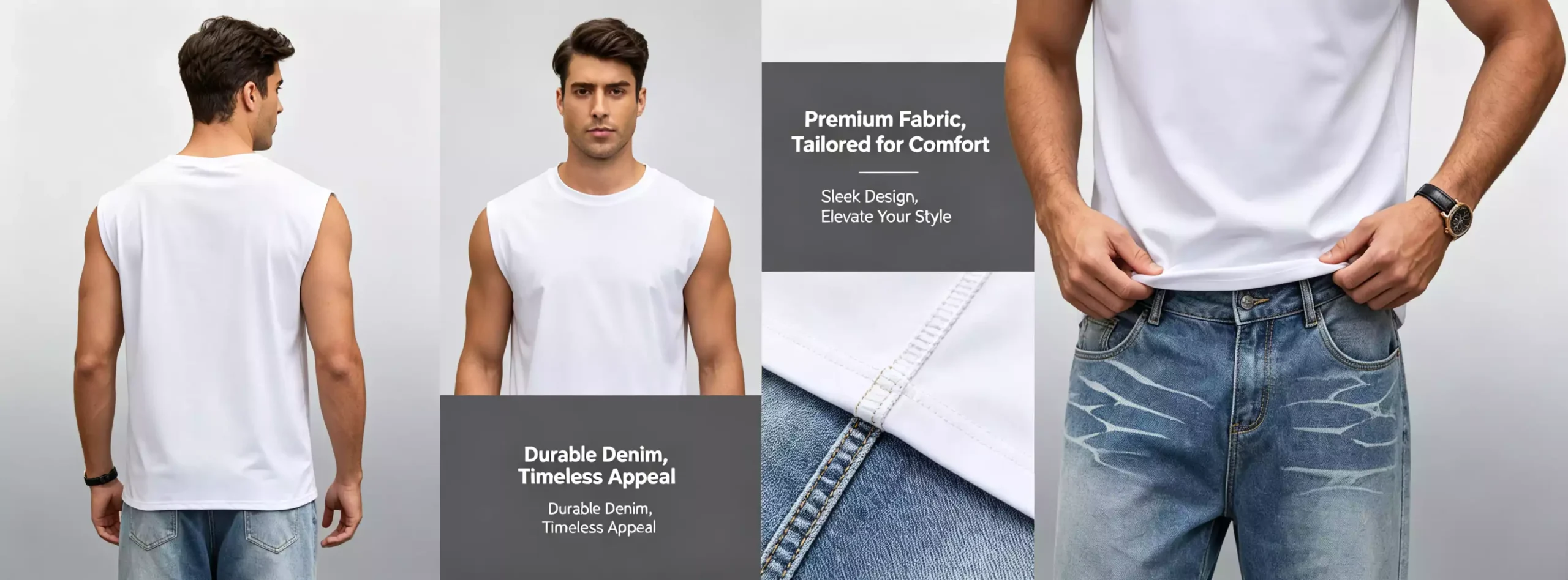 Infographic of a men's white sleeveless muscle tee, featuring premium fabric, tailored fit, and durable denim pairing