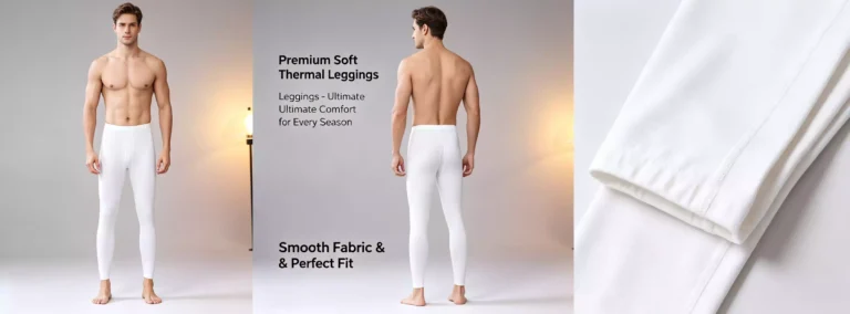 Premium white thermal leggings for men, featuring a slim fit, soft touch fabric, and seamless construction for maximum comfort as a base layer.