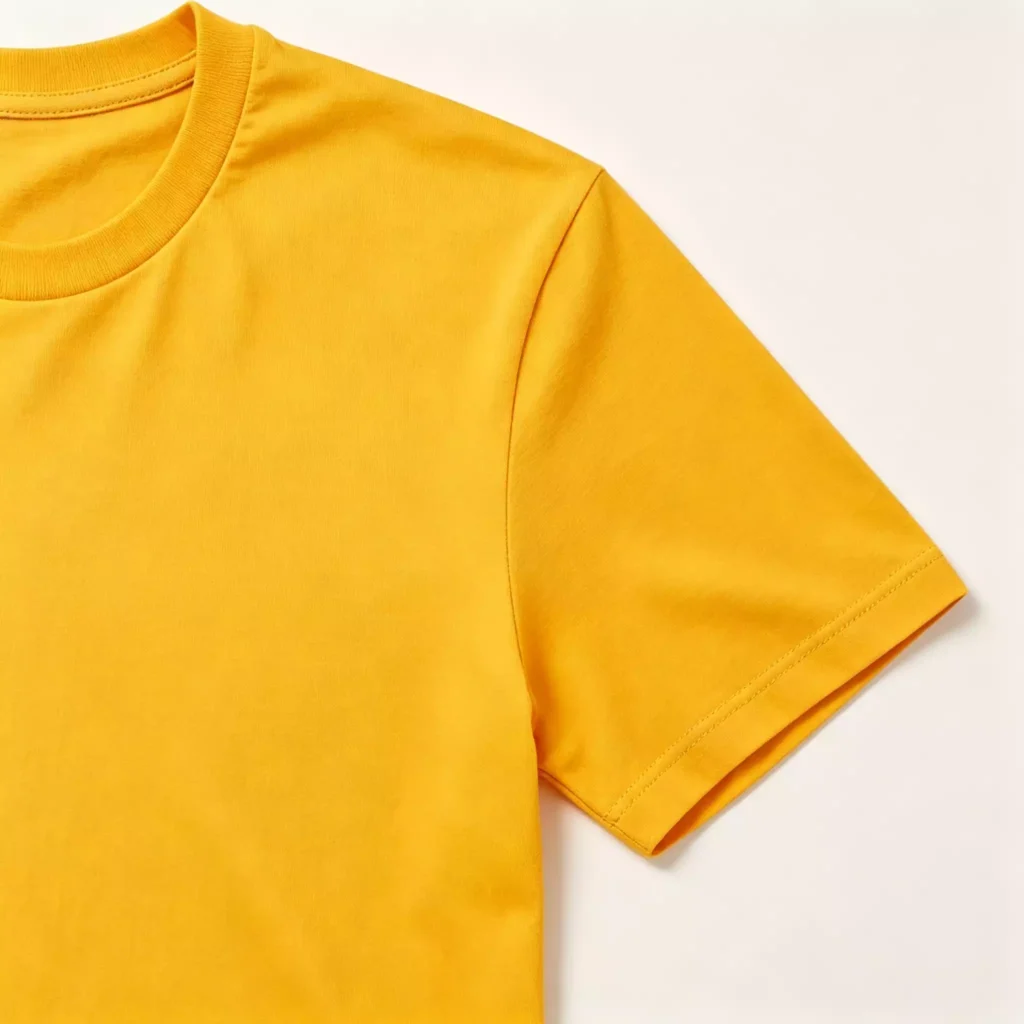 lose-up view of the ribbed neckline and sleeve stitching on a vibrant yellow men's crew-neck T-shirt, highlighting the premium cotton fabric texture.
