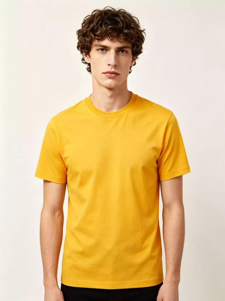 Front view of a male model wearing a vibrant yellow crew-neck T-shirt, highlighting the slim-fit silhouette and premium cotton fabric against a neutral studio background.