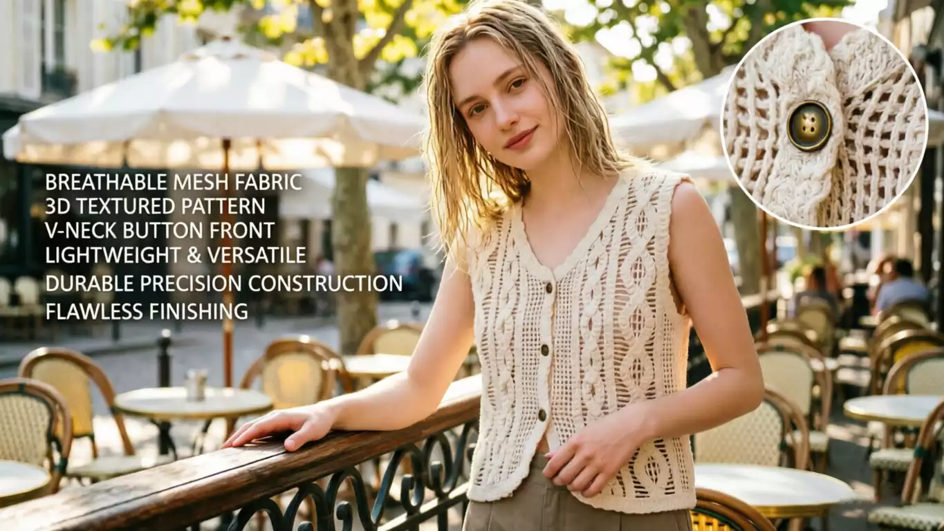 A model wearing a breathable mesh crochet vest at an outdoor cafe, with product features listed on the left and a close-up of the button detail in the top right.
