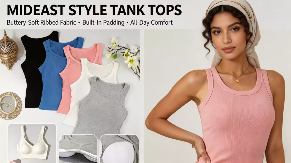 A promotional banner for Mideast style tank tops featuring a woman in a pink ribbed top and headscarf, alongside a display of multi-colored tops and product detail close-ups.