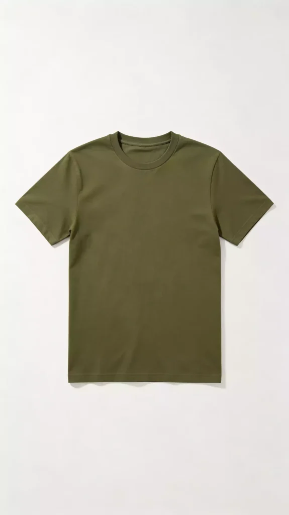 A plain olive green crew-neck short-sleeve t-shirt displayed flat, minimalist basic style.