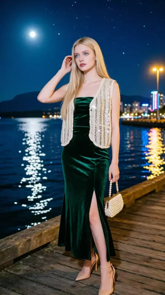 A model wearing a sequin crochet vest and a deep green velvet slit dress, carrying a pearl handbag on a wooden pier by the sea under moonlight.