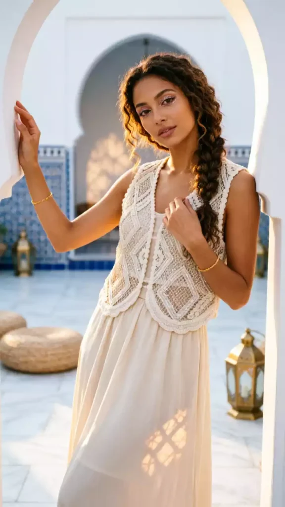 A model wearing a white crochet lace vest and a beige maxi dress, posing under a Moroccan-style archway with an elegant, resort-inspired vibe.