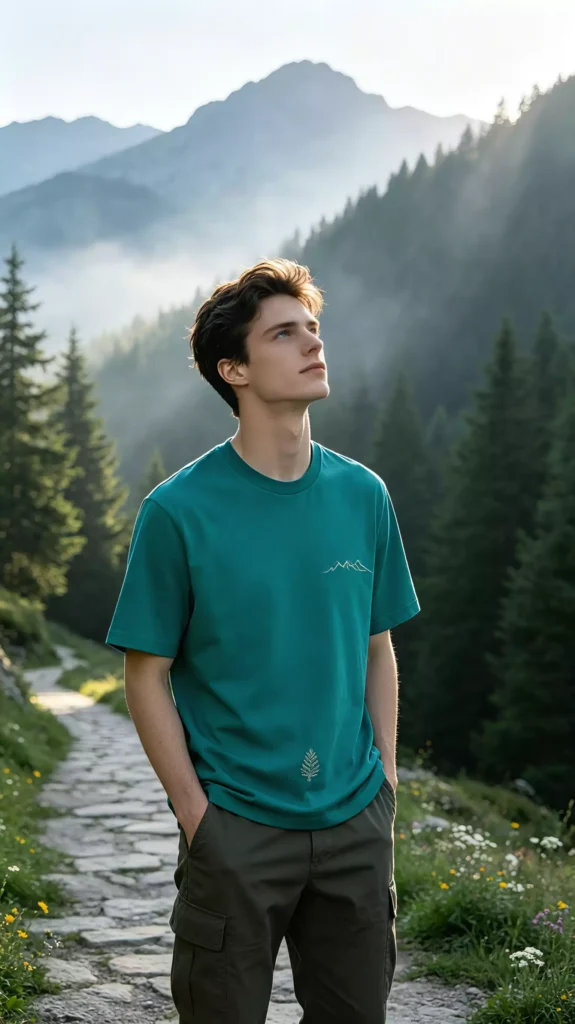 A young male model wearing a teal crew-neck t-shirt with mountain and fern prints, standing on a forest mountain path, looking up at the distance.