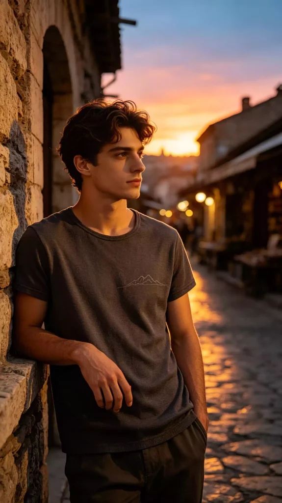 A young male model wearing a dark grey crew-neck t-shirt with a mountain graphic, leaning against a stone wall with a beautiful sunset street background.