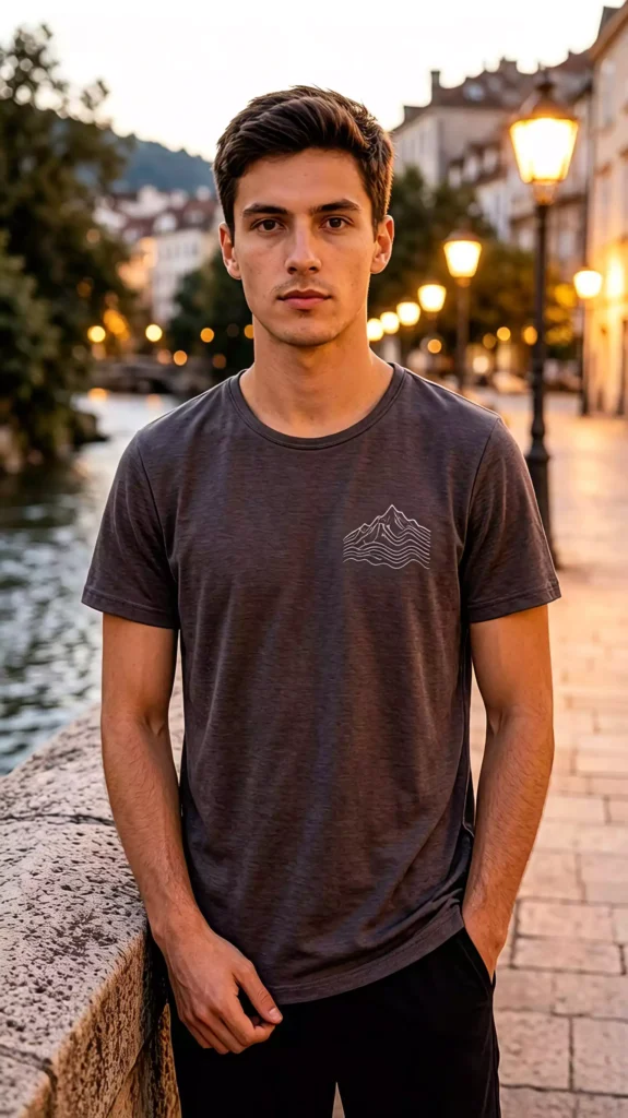 A young male model wearing a dark grey crew-neck t-shirt with a mountain and wave pattern, standing on a European street.