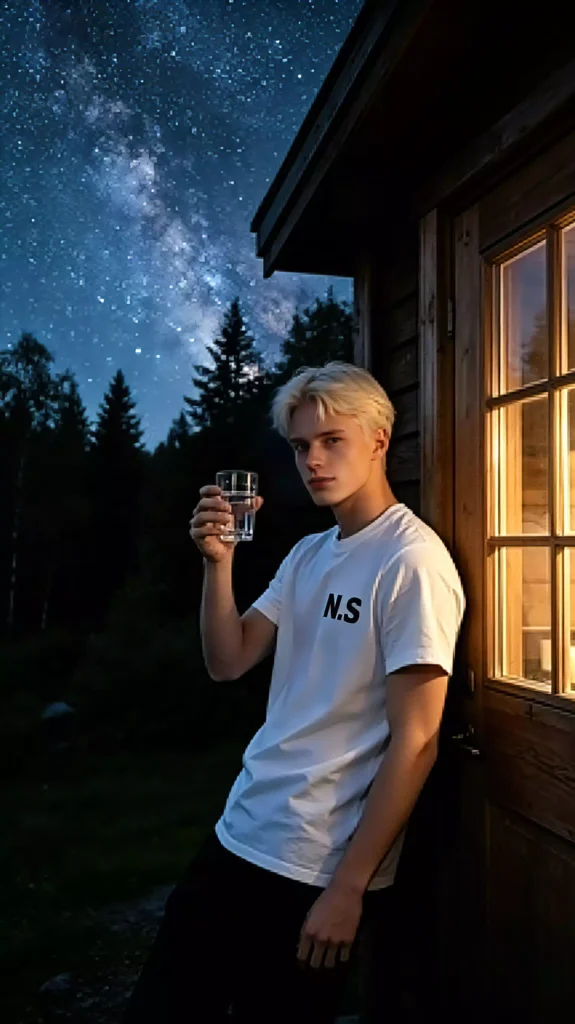 A young man wearing an "N.S" white t-shirt, holding a glass of water next to a wooden cabin under a starry night sky.