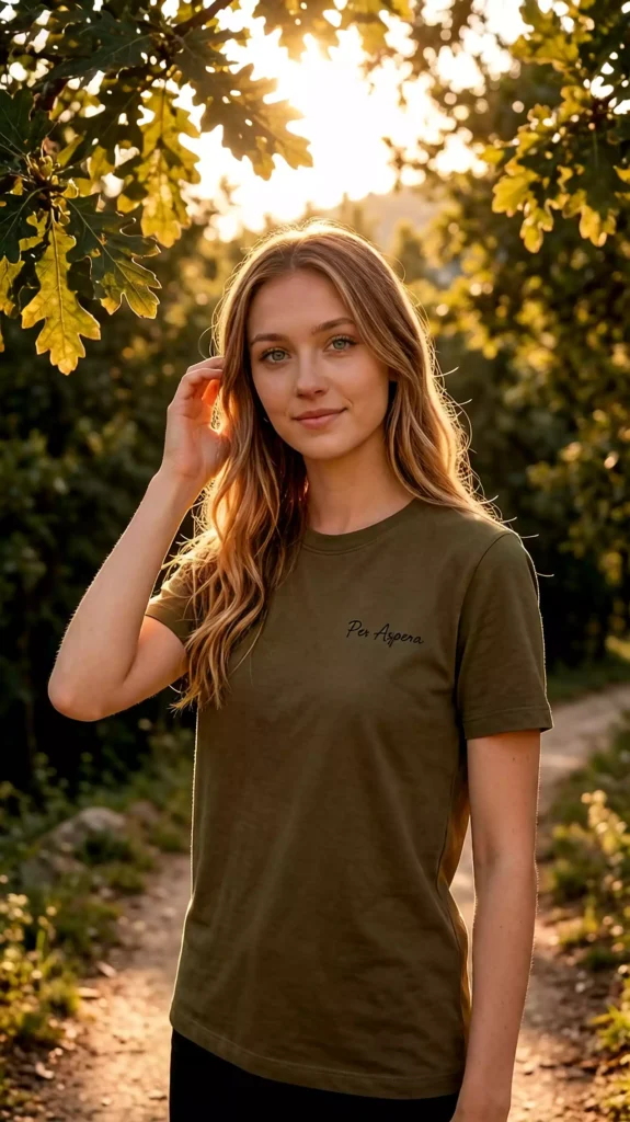 A blonde female model wearing an olive green t-shirt with "Per Aspera" print, standing by a forest path in the morning light.