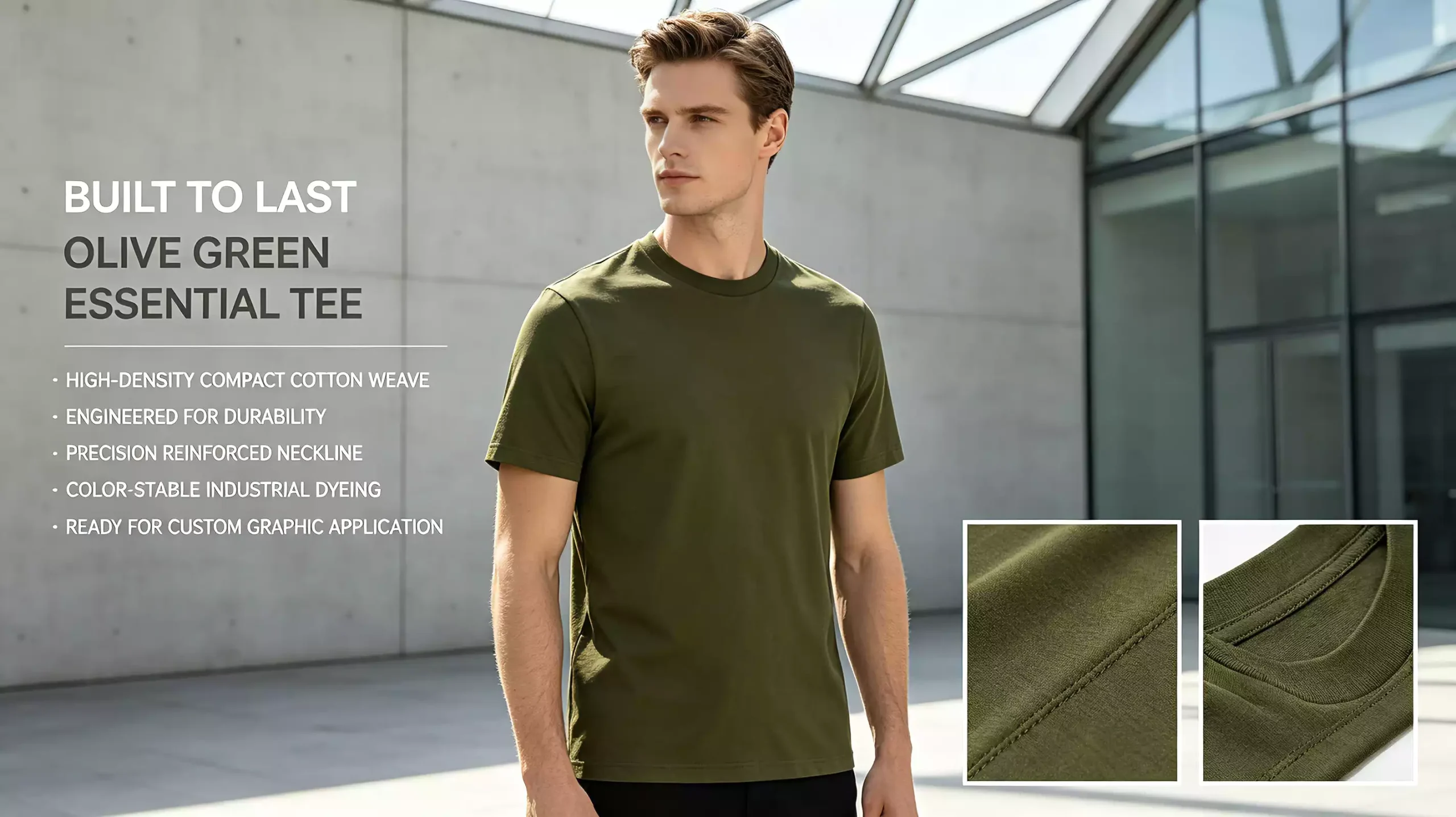 A male model wearing an olive green crew-neck t-shirt, with five core product benefits listed on the left and close-ups of fabric and collar details on the right.