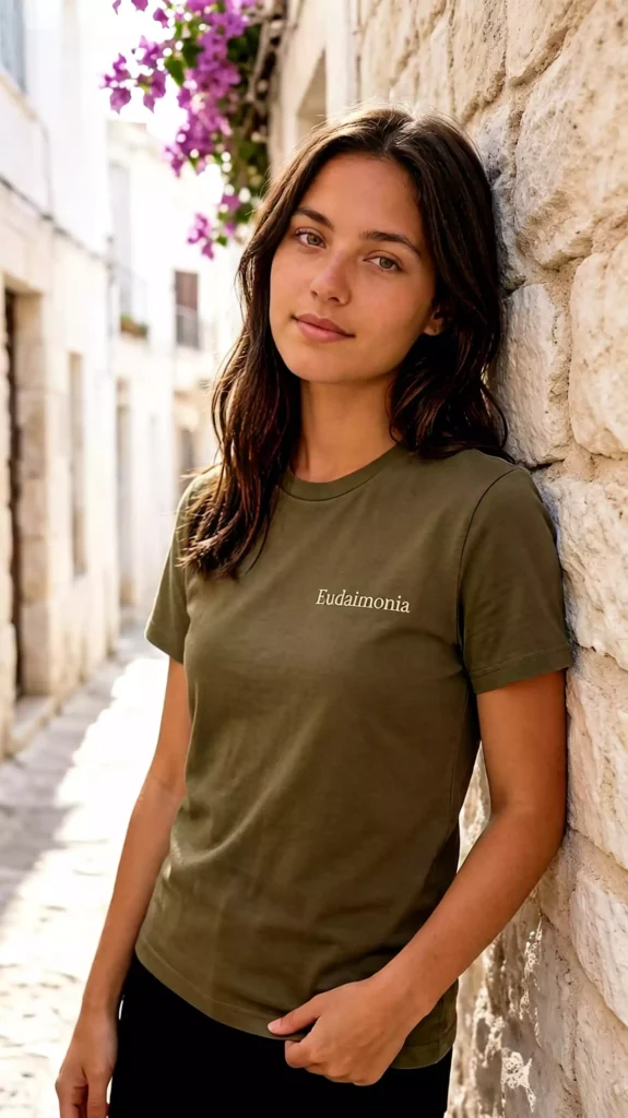 A female model wearing an olive green t-shirt with "Eudaimonia" print, leaning against an old stone wall.