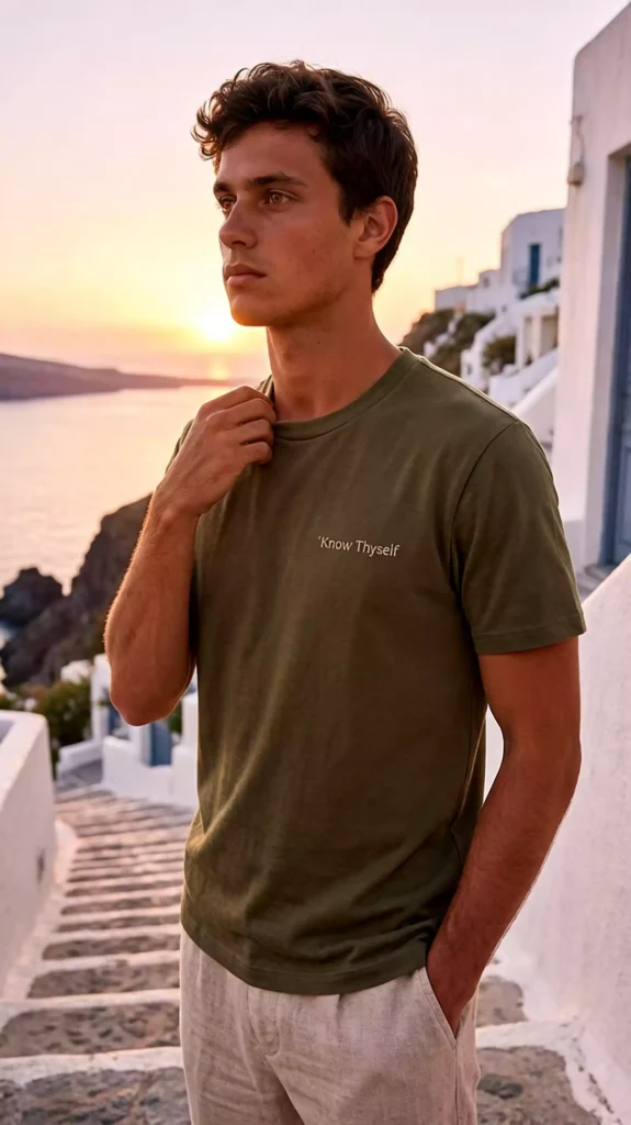 A young male model wearing an olive green t-shirt with "Know Thyself" print, standing on seaside stone steps at sunset.