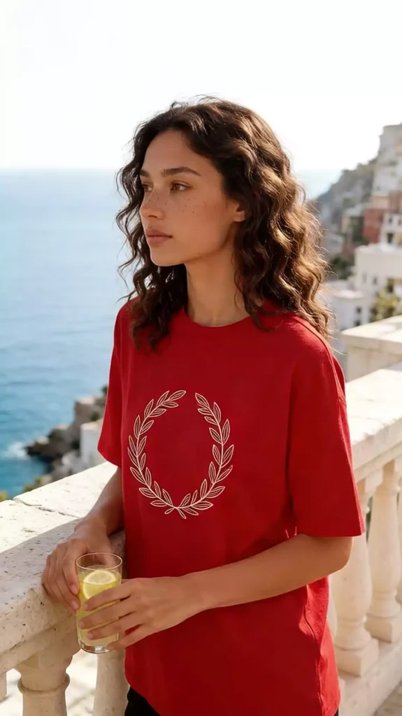 A female model with natural curly hair wearing a red crew-neck t-shirt with an olive wreath print, holding a glass of lemonade on a seaside terrace.