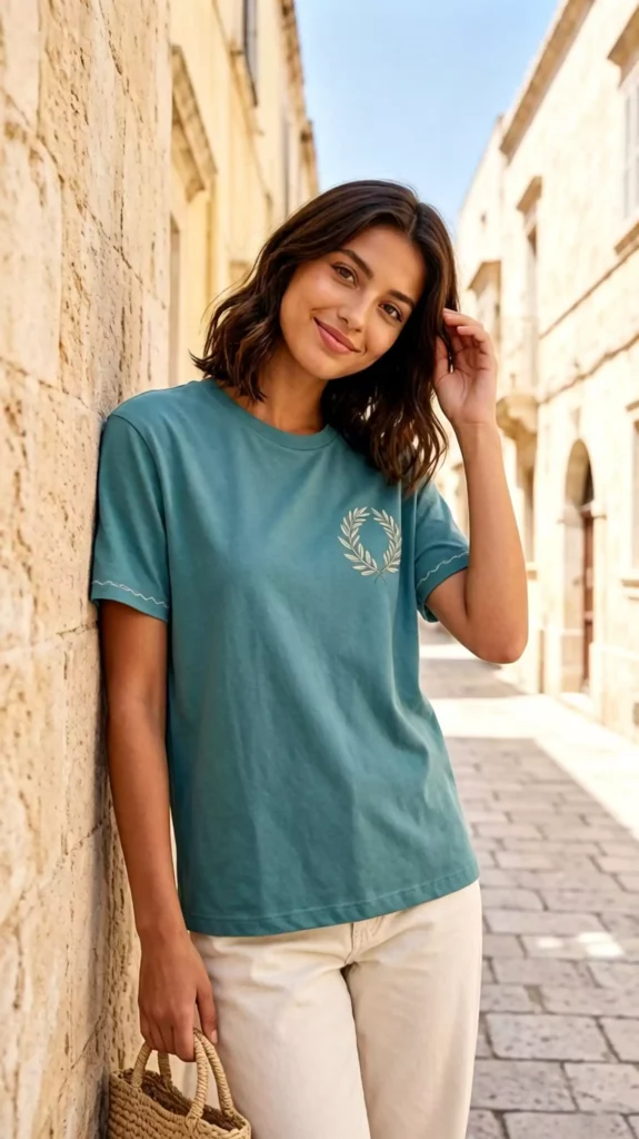 A female model wearing a teal crew-neck t-shirt with an olive wreath print, leaning against an old stone wall, with a European-style street in the background.
