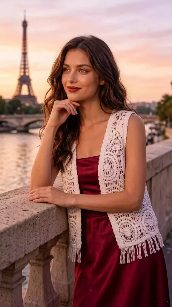 A model posing in front of the Eiffel Tower in Paris, wearing a white floral crochet fringe vest over a burgundy dress, showcasing romantic fashion style.