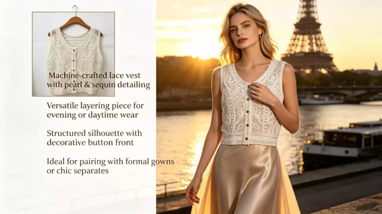 A promotional banner featuring a model wearing a pearl & sequin lace vest in front of the Eiffel Tower in Paris, with key benefits listed on the left and a product detail inset in the top left.