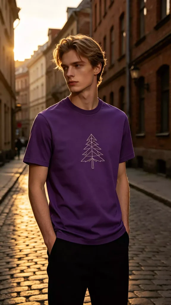 A blonde male model wearing a purple crew-neck t-shirt with a geometric pine tree print, hands in pockets, standing on an ancient European street at sunset.