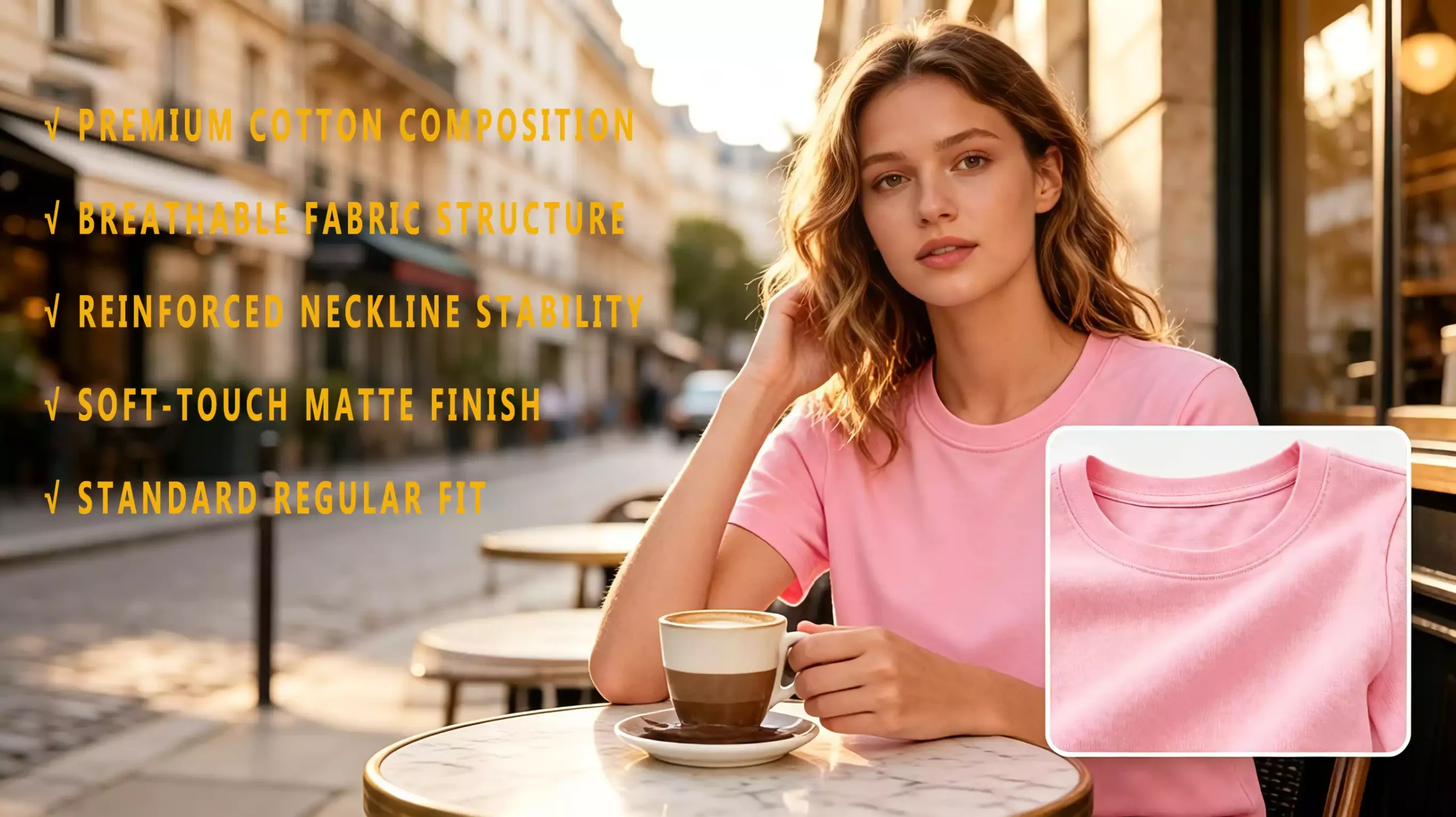 A female model wearing a pink t-shirt sitting in a cafe, with product features listed on the left and a close-up of the collar detail on the bottom right.