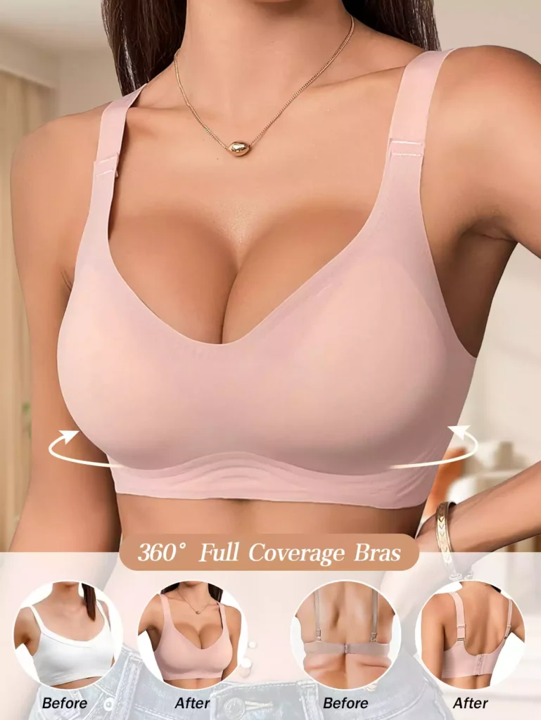 Back view of a model in a comfortable bra featuring a beautiful U-back design and adjustable shoulder straps, highlighting the smooth and charming curve.