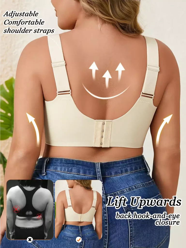 Back view of a plus-size model wearing a beige bra with adjustable straps, featuring a comparison diagram showing the lifting effect and secure back hook-and-eye closure.