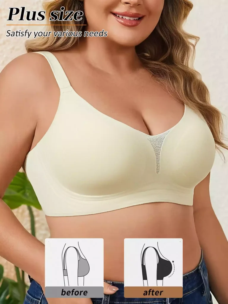 A plus-size model wearing a beige bra, featuring a before-and-after diagram that illustrates the lifting and shaping effect of the garment.