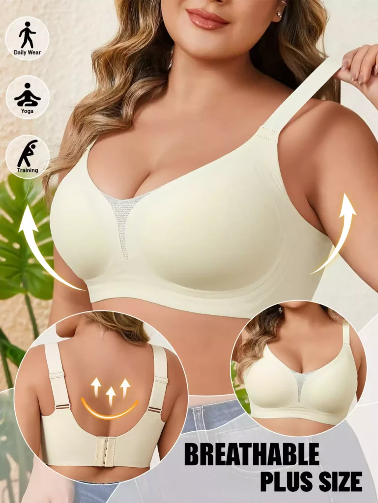 A plus-size model showcasing a beige breathable bra suitable for daily wear, yoga, and training, with inset images highlighting the supportive back design and overall fit.