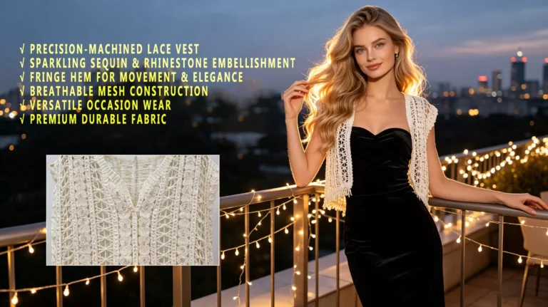 A model wearing a precision-machined lace vest on a city terrace with fairy lights, featuring a list of product benefits on the left and a crochet detail inset on the bottom left.