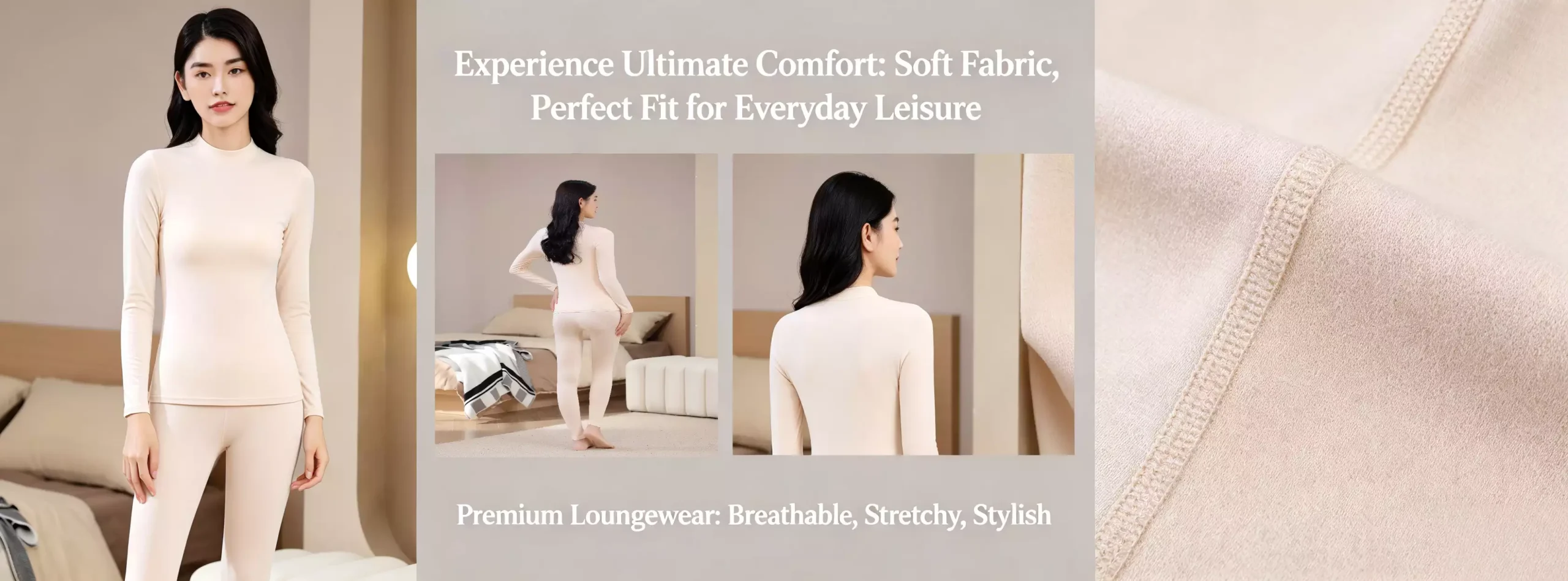 A comprehensive product view of a premium beige women's mock-neck thermal set, showcasing front and back model poses, along with detailed close-ups of the breathable, stretchy fabric texture.