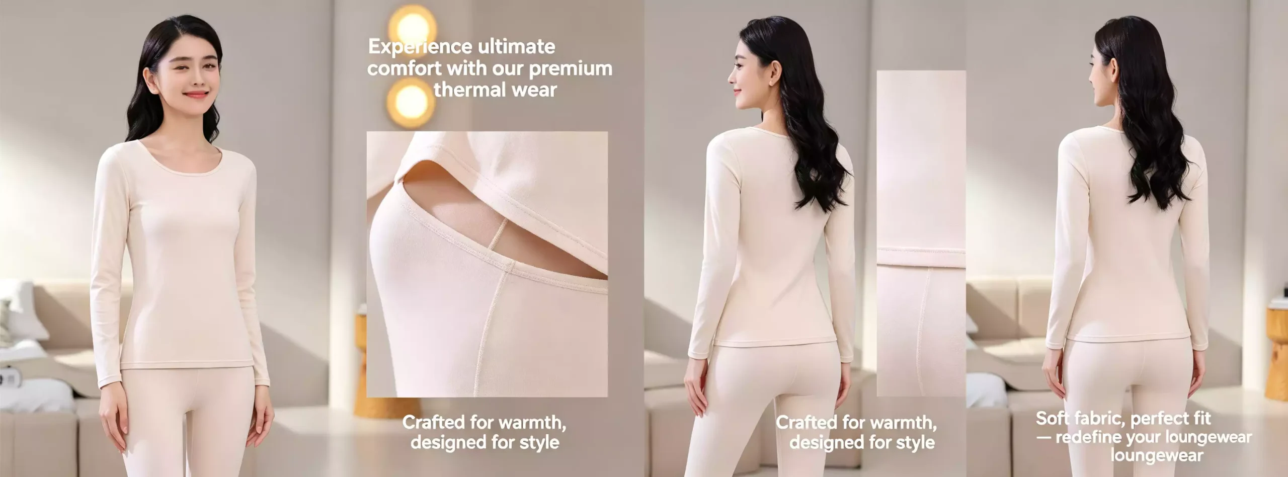 A comprehensive product view of a premium beige women's thermal underwear set, showcasing front and back model shots, and close-up details of the fabric quality and craftsmanship.