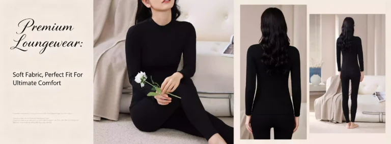 A comprehensive product view of a premium black women's mock-neck thermal set, showcasing seated and standing model poses, and highlighting the soft fabric and perfect fit for ultimate comfort.