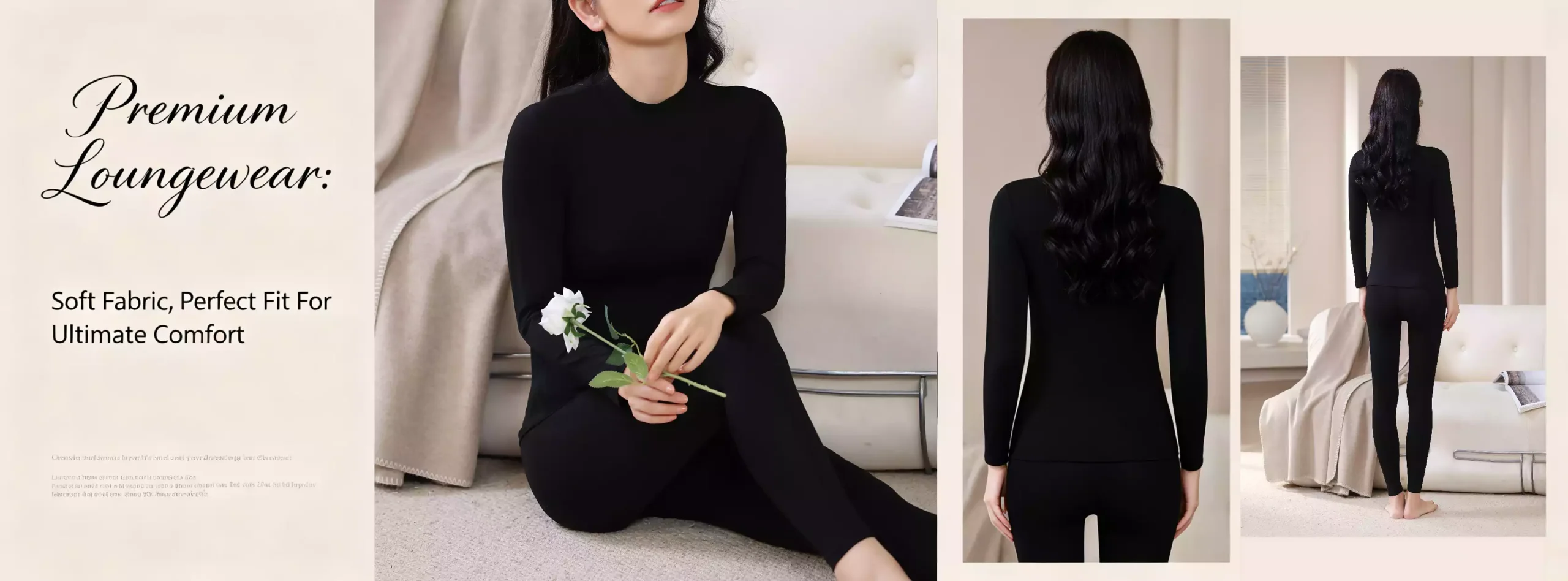 A comprehensive product view of a premium black women's mock-neck thermal set, showcasing seated and standing model poses, and highlighting the soft fabric and perfect fit for ultimate comfort.