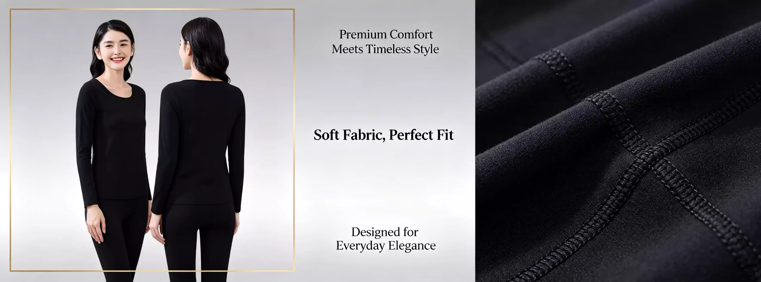 A comprehensive product view of a premium black women's thermal underwear set, showcasing front and back model shots, and close-up details of the soft, durable fabric quality.