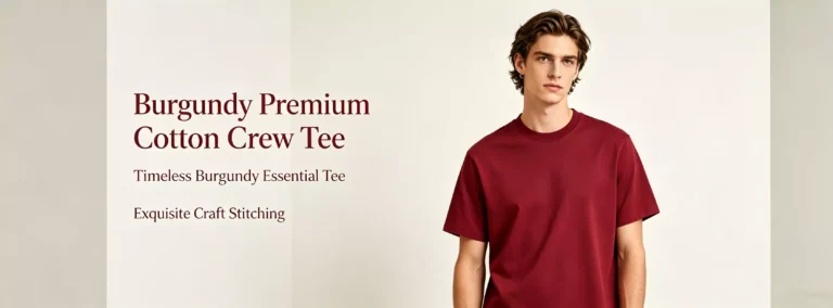 A promotional image of a male model wearing a premium burgundy cotton crew-neck T-shirt, highlighting the text "Burgundy Premium Cotton Crew Tee" and "Exquisite Craft Stitching.