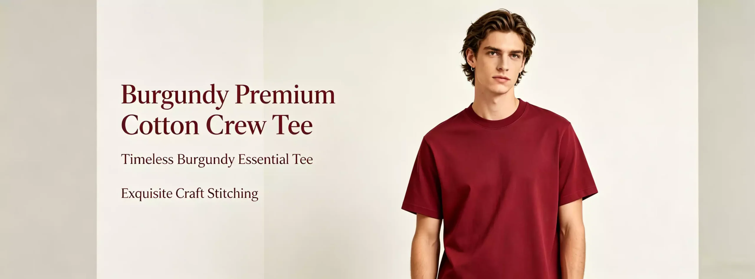 A promotional image of a male model wearing a premium burgundy cotton crew-neck T-shirt, highlighting the text "Burgundy Premium Cotton Crew Tee" and "Exquisite Craft Stitching.
