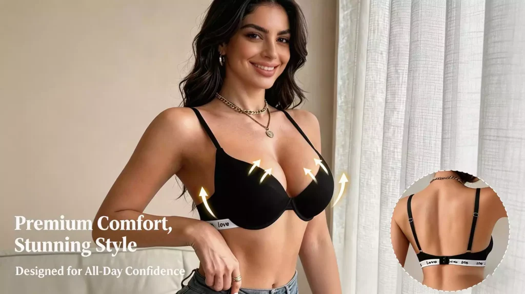 A promotional banner for a premium comfort bra, featuring a smiling woman wearing a black push-up bra with a lettered underband, paired with a circular inset displaying the adjustable back view.