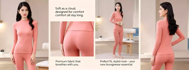 A comprehensive product view of a premium coral pink women's thermal underwear set, showcasing front, back, and side model poses, along with a close-up detail of the soft, breathable fabric texture.