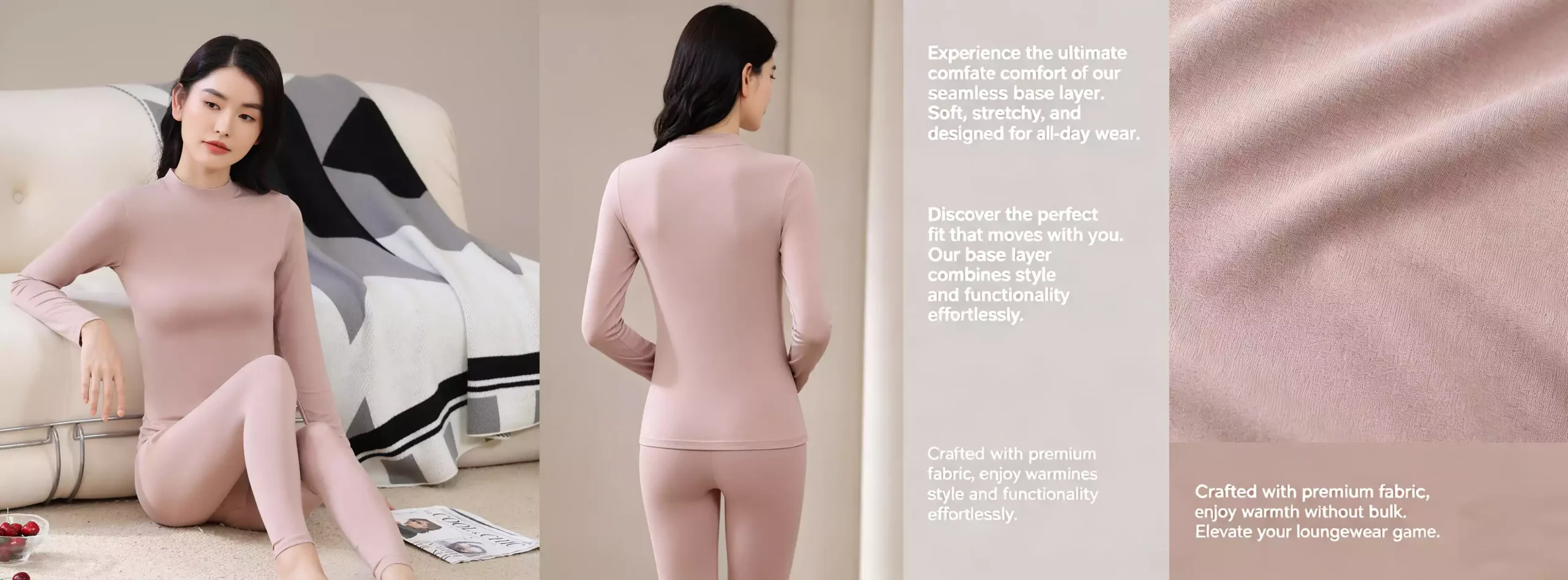 A comprehensive product view of a premium dusty pink women's mock-neck thermal set, showcasing front and back model poses, along with detailed close-ups of the soft, stretchy, and premium fabric texture.
