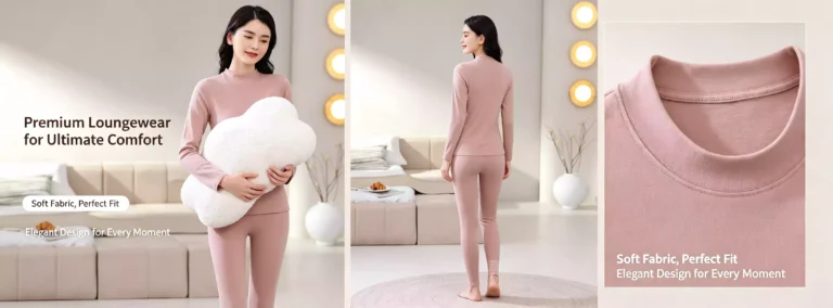 A comprehensive product view of a premium dusty pink women's mock-neck thermal set, showcasing front and back model poses, and close-up details of the soft fabric and elegant design.