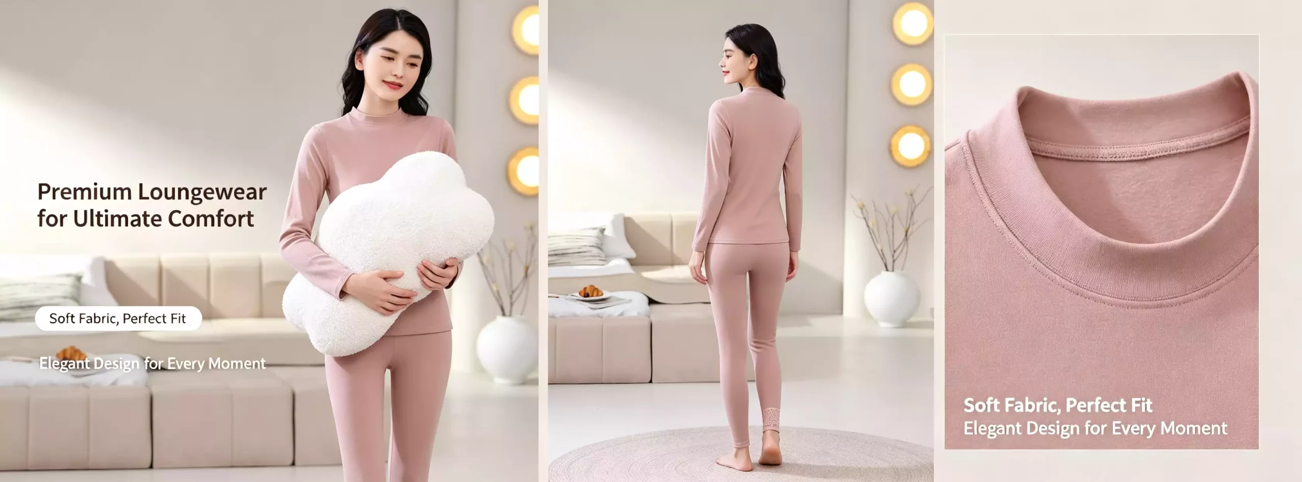 A comprehensive product view of a premium dusty pink women's mock-neck thermal set, showcasing front and back model poses, and close-up details of the soft fabric and elegant design.