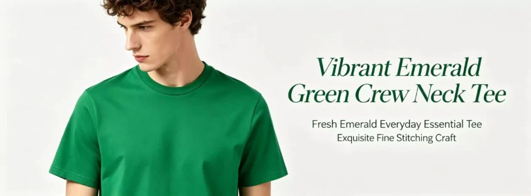 A promotional image of a male model wearing a vibrant emerald green cotton crew-neck T-shirt, highlighting the text "Vibrant Emerald Green Crew Neck Tee" and "Exquisite Fine Stitching Craft.
