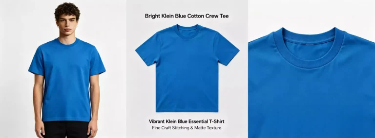 A promotional product view of a bright Klein blue men's cotton crew-neck T-shirt, showcasing the male model, flat lay, and close-up details of fine craft stitching and matte texture.