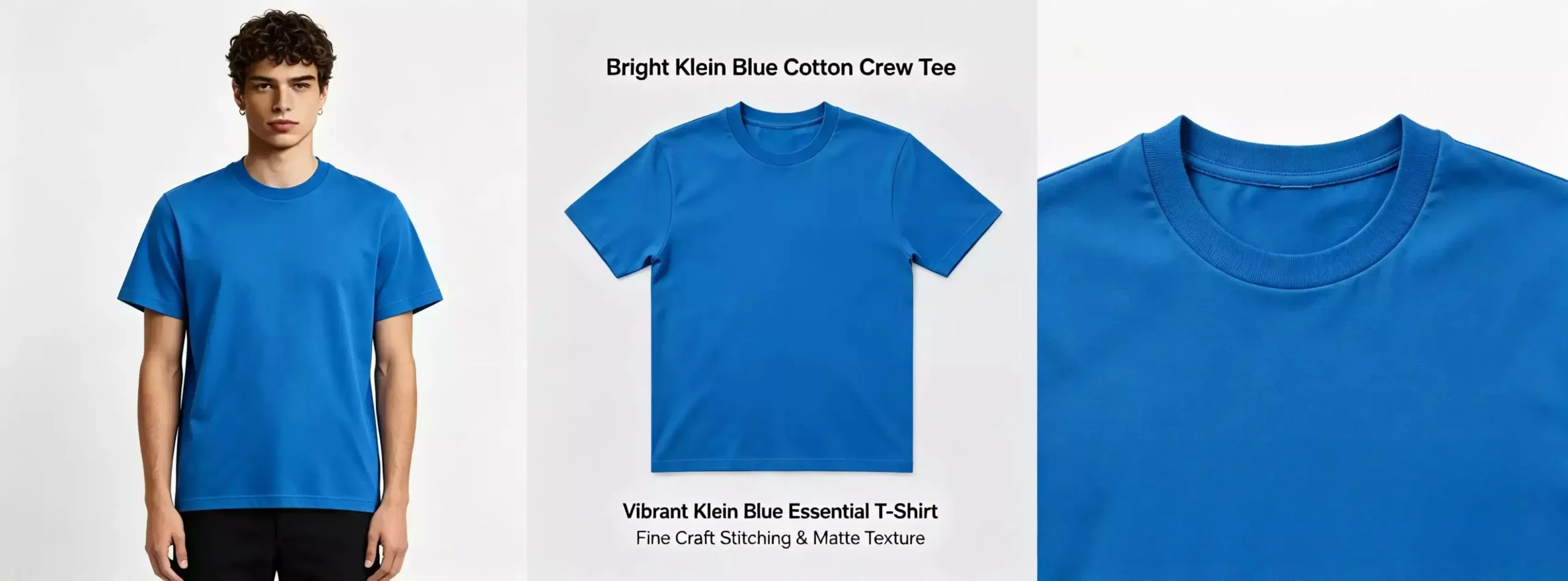 A promotional product view of a bright Klein blue men's cotton crew-neck T-shirt, showcasing the male model, flat lay, and close-up details of fine craft stitching and matte texture.