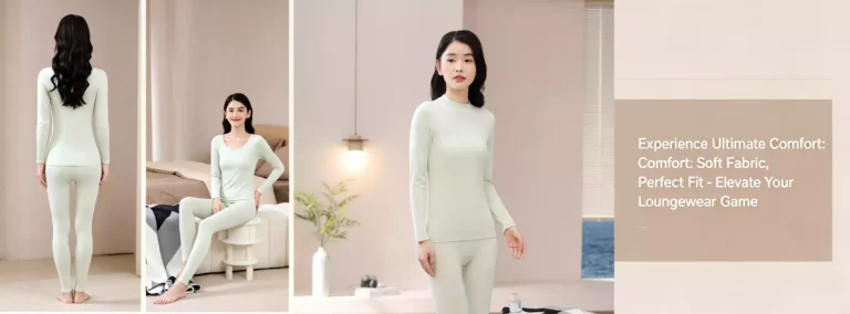 A comprehensive product view of a premium light green women's mock-neck thermal set, showcasing seated and standing model poses, and highlighting the comfort, soft fabric, and perfect fit.