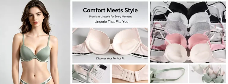 Product showcase poster featuring a model in premium lingerie, displaying features like padded cups, adjustable straps, and a variety of colors in the collection