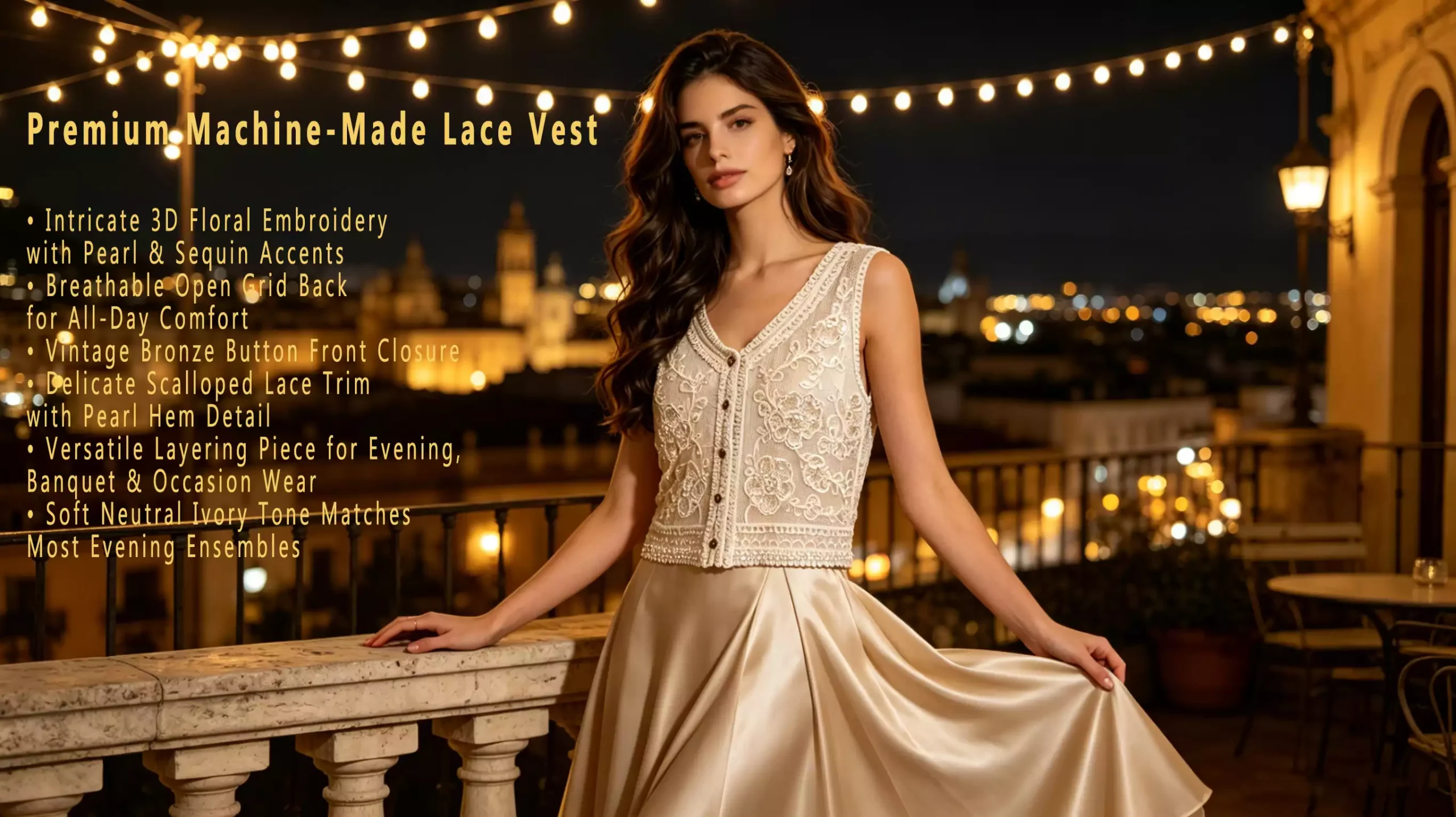 A model wearing a premium machine-made lace vest on a city-view terrace at night, with product features listed on the left, including 3D floral embroidery, pearl & sequin accents, and vintage buttons.
