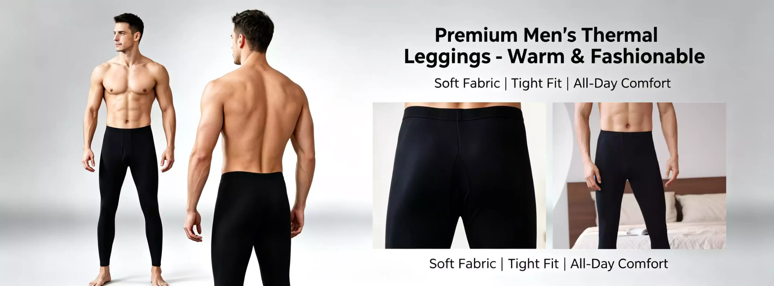 Front and back view of men's black thermal leggings with close-up fabric detail, emphasizing soft material, tight fit, and all-day comfort for winter layering.