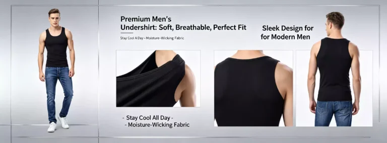 A promotional display of a premium men's black undershirt, highlighting moisture-wicking fabric, sleek design, and comfortable fit from multiple angles.