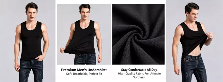 A comprehensive product view of a premium men's black tank top undershirt, showcasing model poses in different angles, stretch demonstration, and close-up details of the soft, high-quality fabric texture.